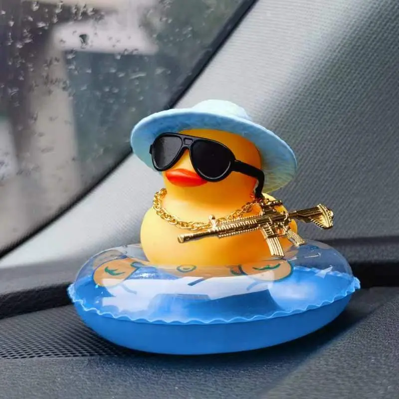 Rubber Duck Car Interior Decoration, Cute Cartoon Duck with Hat & Swim Ring & Necklace & Sunglasses, Car Dashboard Ornament, Car Accessories