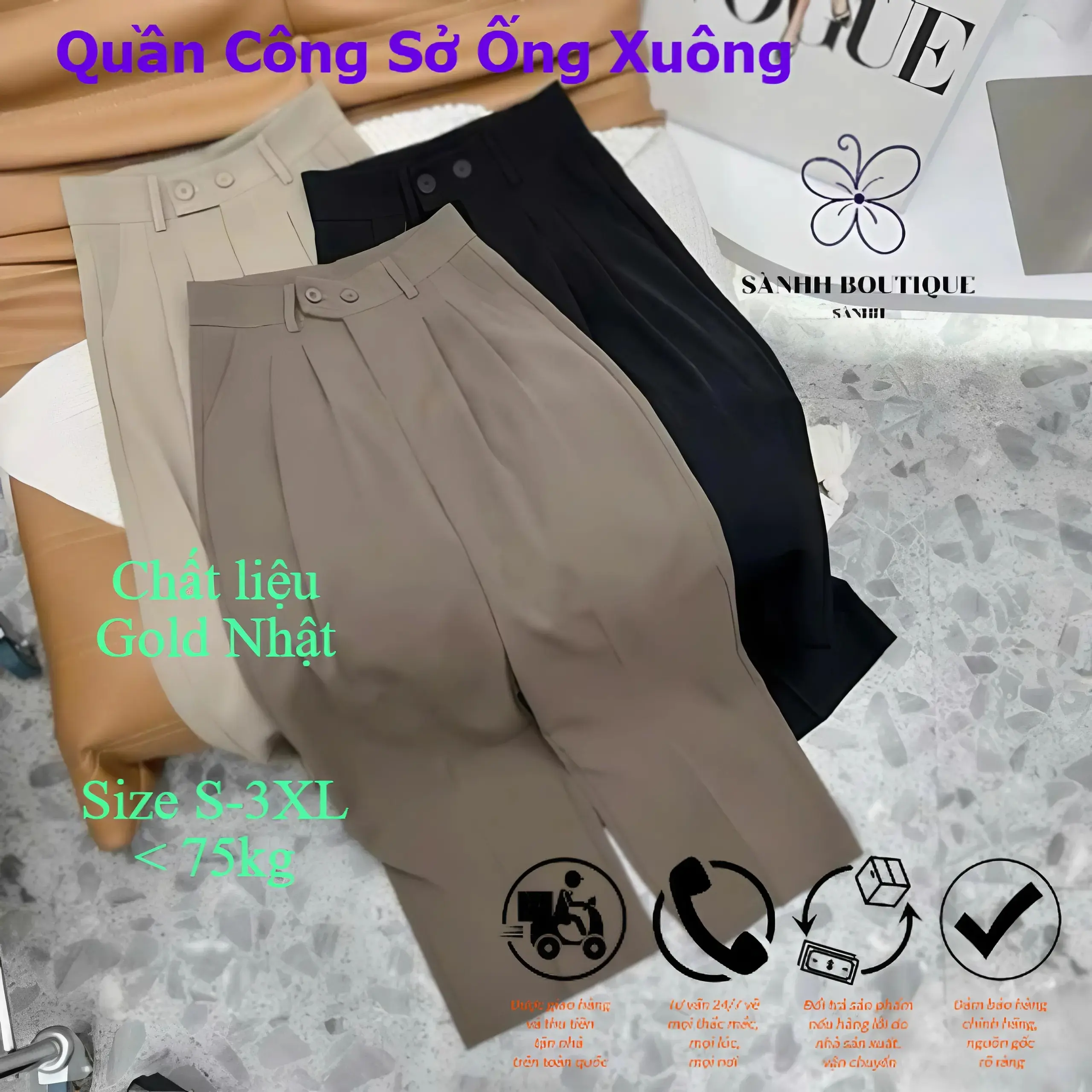 Quần Suông Công Sở 2 Khuy- Chất Vải Gold Nhật Cao Cấp, Mềm Mướt