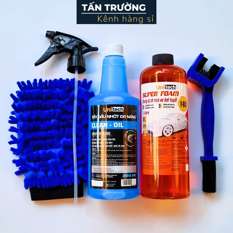 Combo 5 món Rửa Sên & Rửa Xe UNITECH (Motobike cleaner dung dịch tẩy lốc máy 850ml + xà bông 1 lít + cọ sên + găng tay san hô + vòi xịt) đầy đủ phụ kiện như hình 0