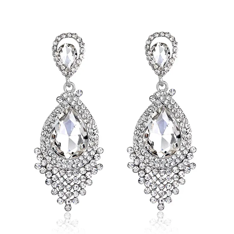 European Exaggerated Water Drop Big  Earrings Women Shiny Temperament Retro Tassels Rhinestone Pendant Ear Stud