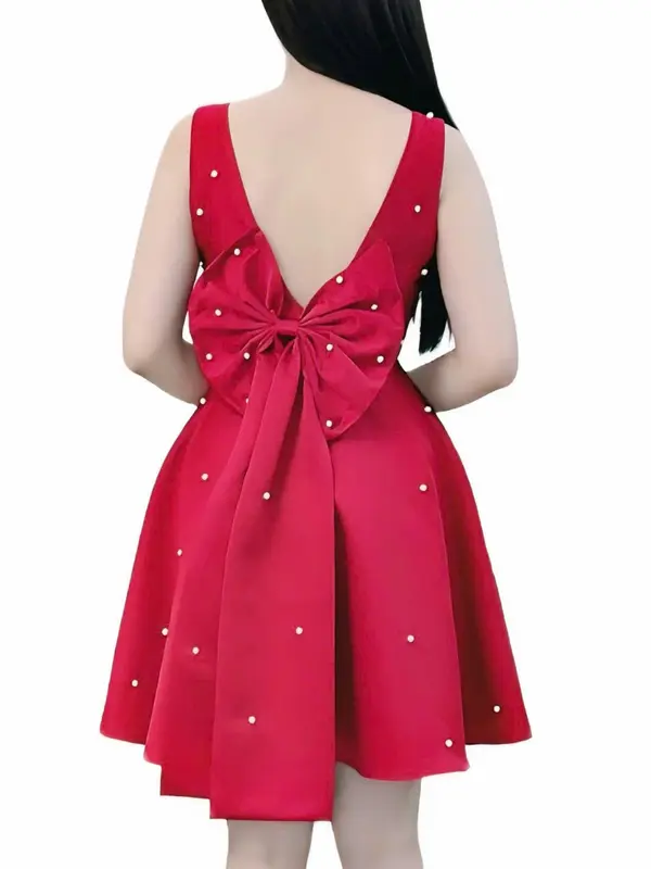 Váy dài thiết kế tiểu thư ngọc trai đính nơ màu đỏ tươi 2