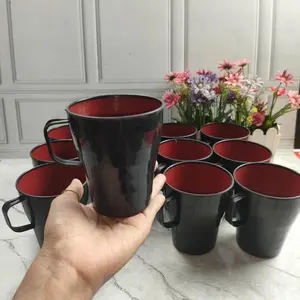 12 Pcs Lusinan Gelas Cangkir Plastik Asthetic  - New Cornelius 579 Untuk Minum Ramen, Teh, Kopi, dan Makanan - 8,5 cm Diameter x 20 cm Tinggi - Warna Merah Hitam Bpa Free -Kitchenware