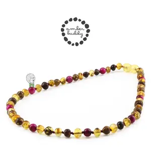 Amber Buddy | JN102 Kalung Anak Baltic Amber Kombinasi Magenta Tiger Eye. 38 cm Junior
