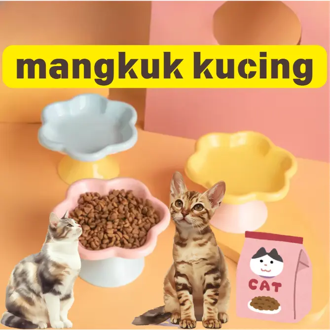 Makan hewan peliharaan keramik berlapis bunga yang lucu / mangkuk makan pelindung leher kaki tinggi / makan makanan kucing kucing