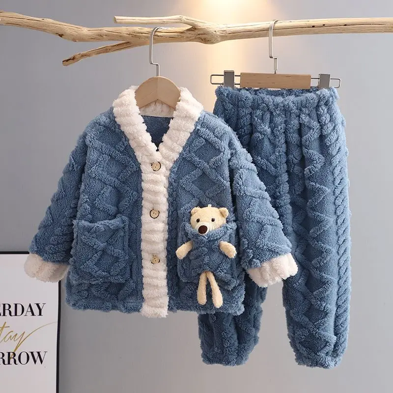 Bộ Đồ Ngủ Dày Dặn, Cho Mùa Thu Và Mùa Đông Của Trẻ Em, Được Làm Bằng Chất Liệu vải nỉ Phổ Biến Cho Bé Trai Và Bé Gái, Lông Cừu San Hô, Thích Hợp Cho Trẻ Em Và Thanh Thiếu Niên, Đồ Mặc Nhà