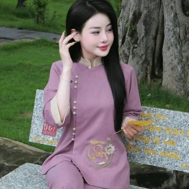 đồ lam đi chùa TÂM AN chất liệu tuyết nhung  cổ tàu nút bọc thêu hoa sen  chữ tâm ở giữa kết hợp quần hai túi trang trọng 1