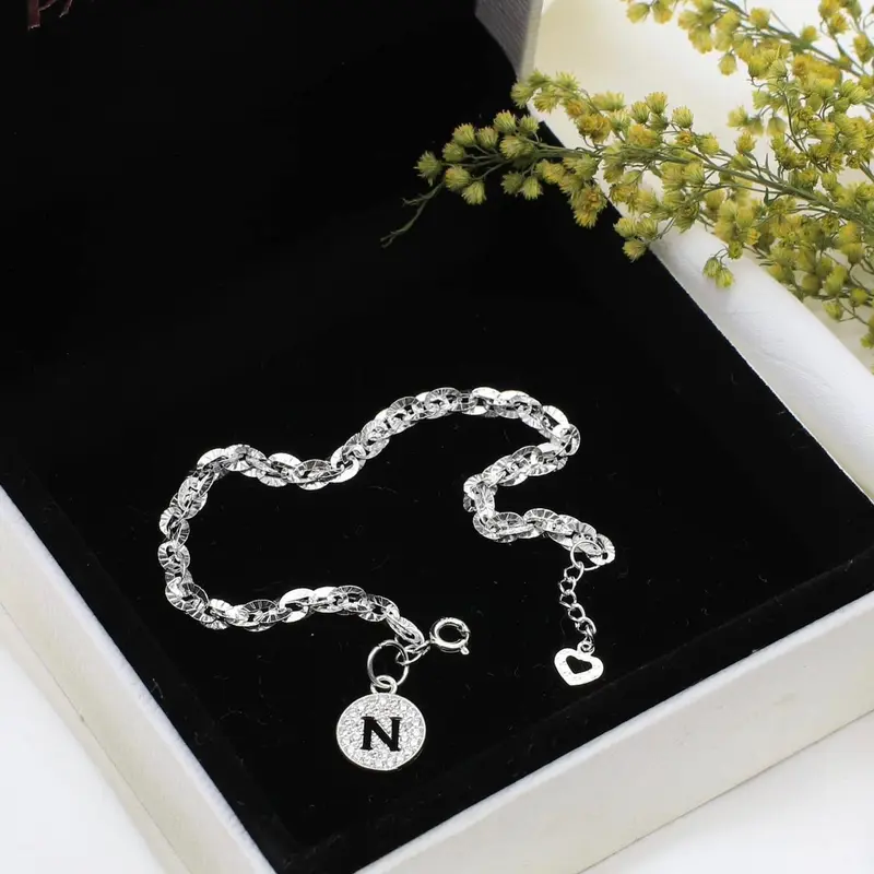 Lắc tay xoắn bạc ta phay sáng bóng mix treo charm chữ cái theo tên, vòng tay  nữ, thời trang nữ,  Phụ Kiện women Trang Sức Women Hoa L0002 3