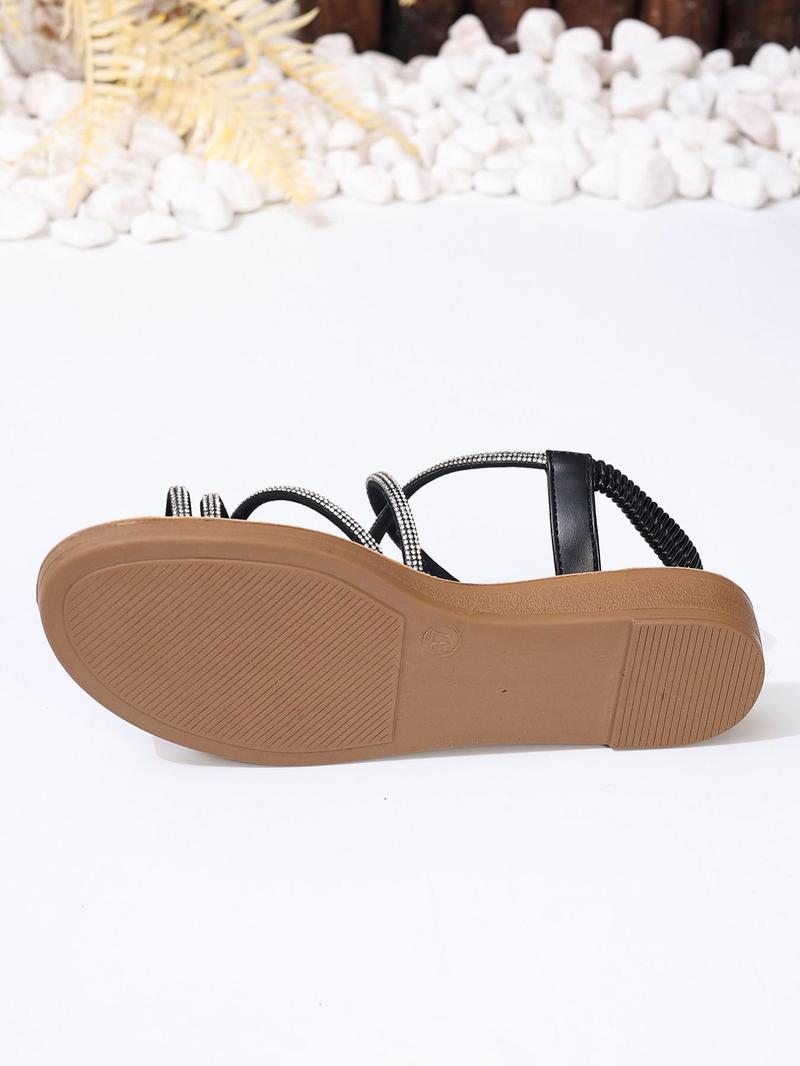 Product Introduction of Women's Fashionable Rhinestone Decorated Slip on Sandals, 1 Pair Casual and Versatile Open Toe Flat Sandals for Summer, Lightweight Comfortable Shoes for Daily Wear 14