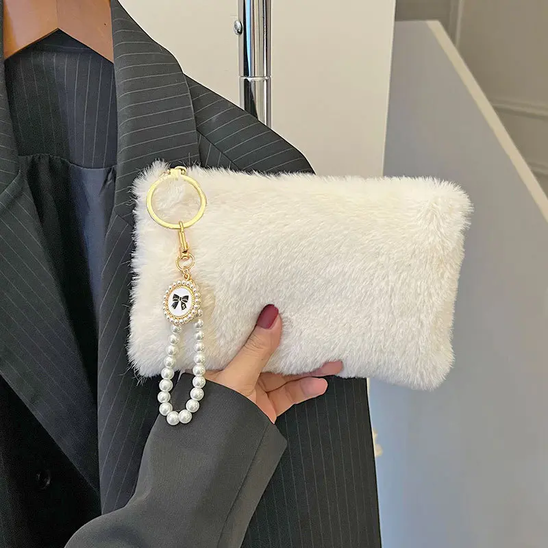 Fluffy Clutch Envelope Bag Small Bag for Phone and Keys Coin Purse Portable Plush Stylish Wrist Bag for Girls