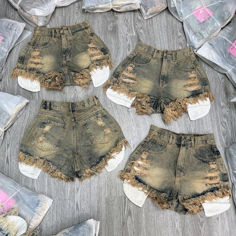 (Ảnh thật) Quần short jean nữ túi lồi rách gấu kiểu mới  bụi vàng [CHĂMCHĂMM65] Women Pants son quần đùi Sang trọng Drawstring quan