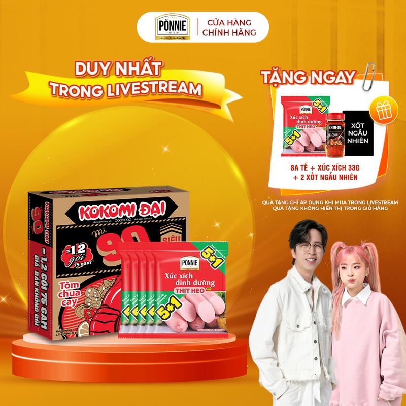 Combo 1 thùng mì Kokomi Đại 90g tôm chua cay miền nam 90g và combo 5 xúc xích vị heo gói 33g