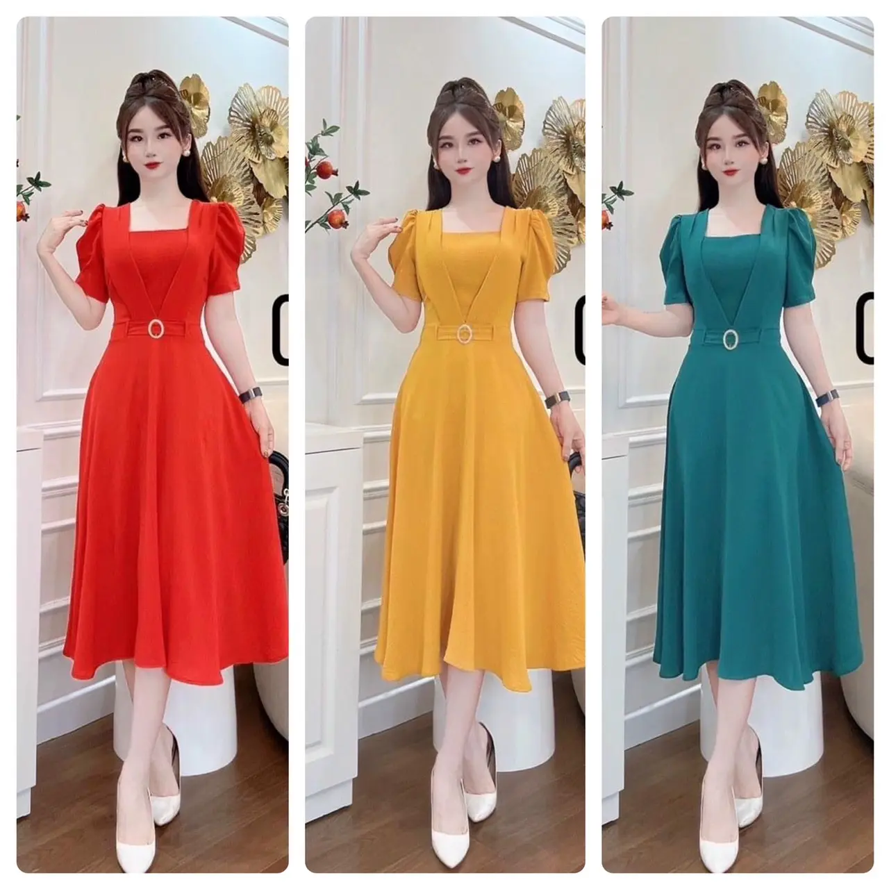 ĐẦM VÁY THIẾT KẾ, ĐẦM DỰ TIỆC,ĐẦM CỔ VUÔNG CHẤT VẢI TẰM ƯỚT ĐỦ SIZE S,M,L,XL,XXL,3XL a odai váy  tiệc