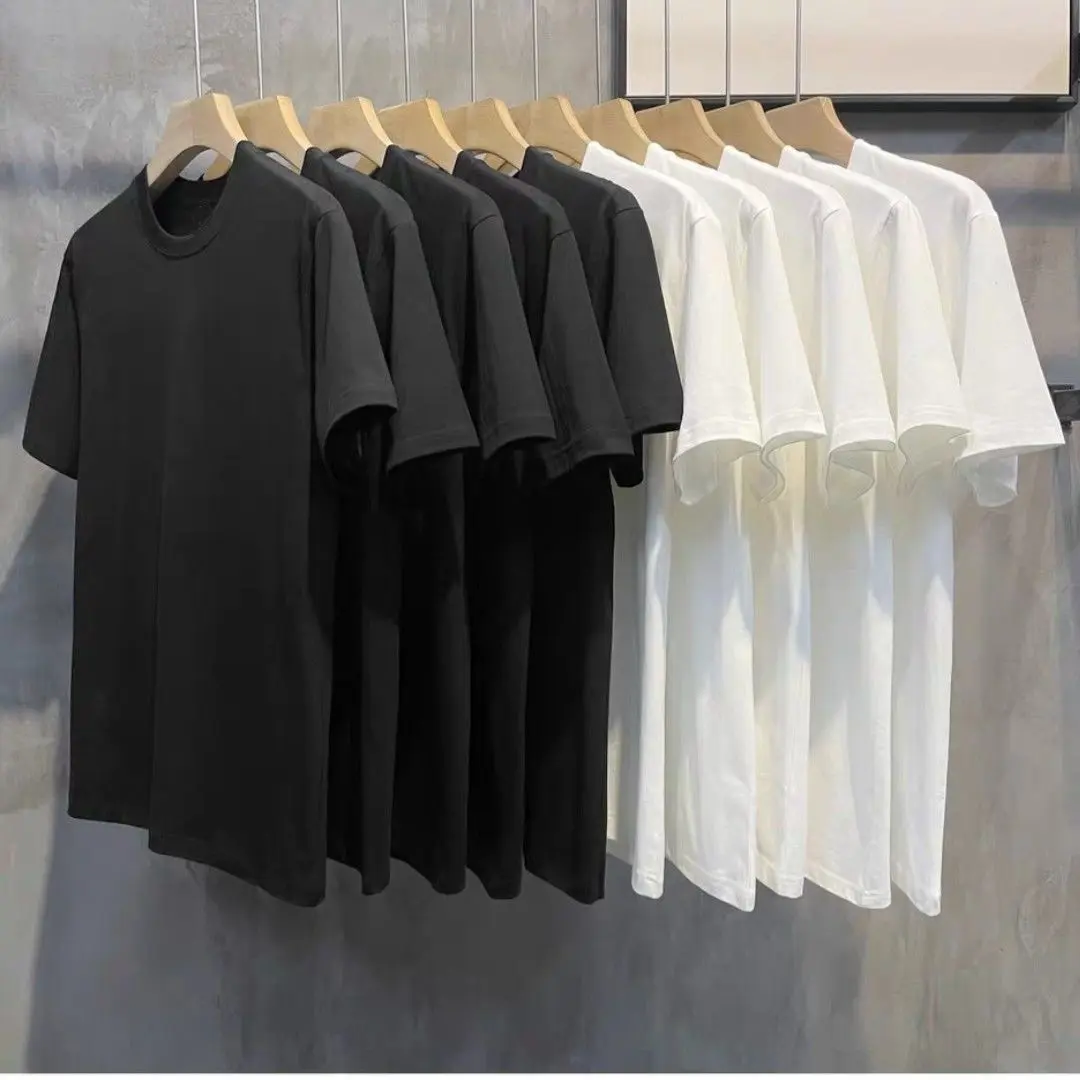 200G Pure Cotton Small Shoulder Short Sleeved T-Shirt For Both Men And Women, Half Sleeved Solid Color Black And White Men's Round Neck Base