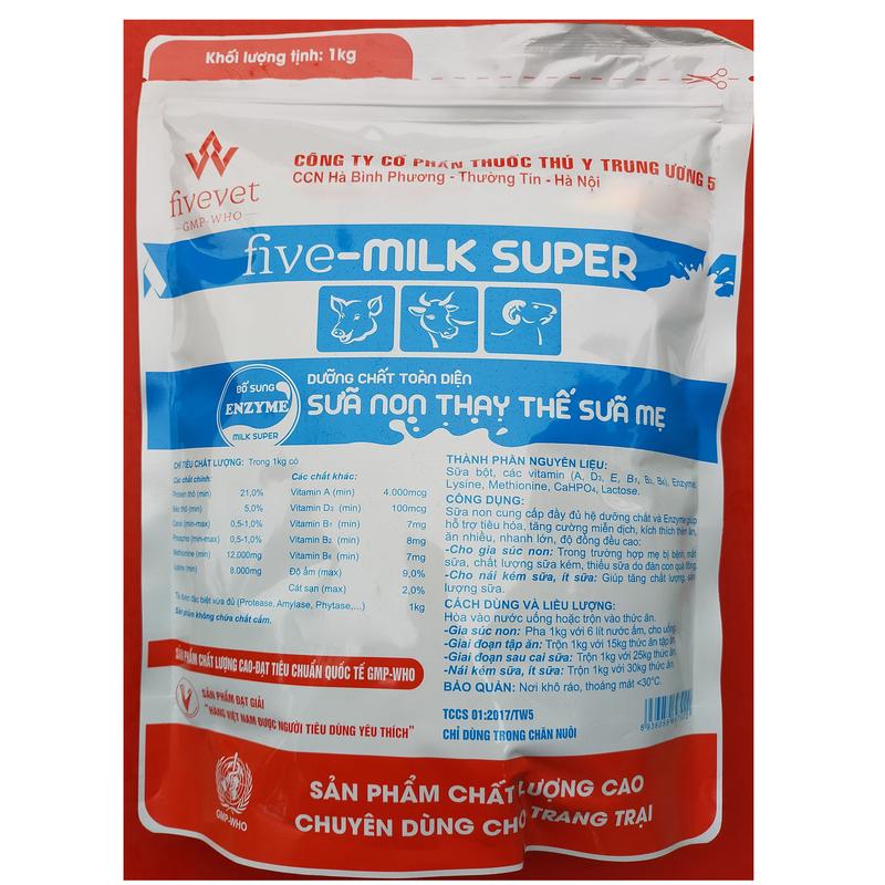 Product Introduction of 1kg FIVE-MILK Super Dạng bột uống Là sữa non thay thế sữa mẹ dinh dưỡng toàn diện, bổ sung men tiêu hóa enzyme - Công ty cổ phần Thú y TW 5 44