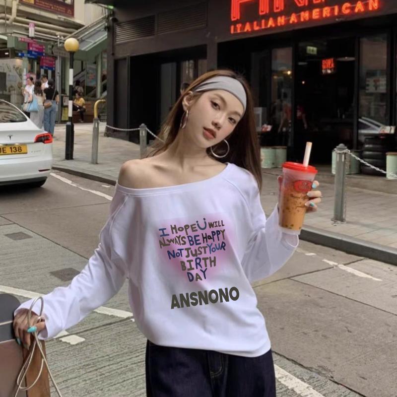 Product Introduction of Áo thun Dài Tay Nữ Lệch Vai In Hình ANHSTORE, chất 100% cotton 4 chiều cao cấp, phom rộng cá tính - Top Nữ - Women áo  lệch áo  ngang Nhung Cổ Tròn 23