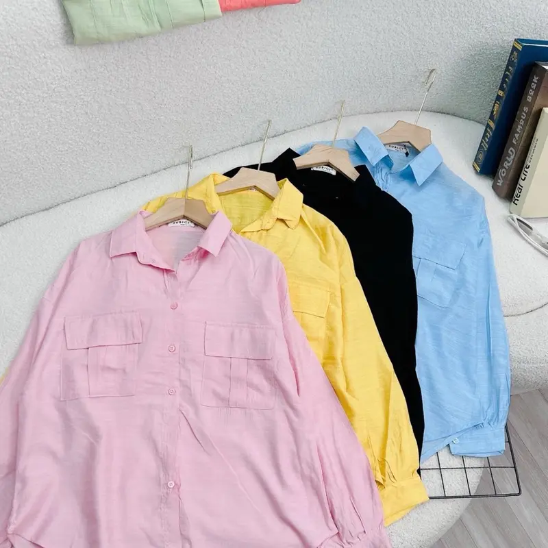 Áo sơ mi nữ tay dài chất tơ rũ mềm mại 2 túi 2 nắp xinh tay phồng nhẹ phom dáng hàn quốc. Women Top Voi Shirt Trắng tím pastel 6