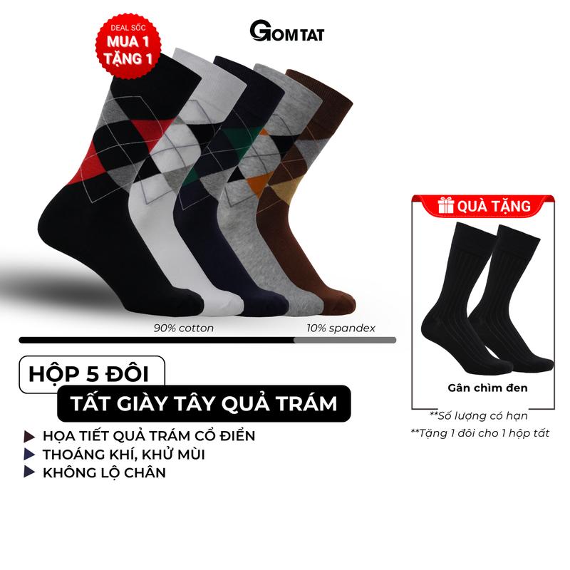 Hộp 5 đôi tất đi giày tây nam cổ cao GOMTAT họa tiết quả trám, vớ nam công sở chất liệu cotton cao cấp hút ẩm thoáng khí, khử mùi kháng khuẩn, tất nam công sở, vớ đi giày tây Menswear - GOM-QUATRAM-CB5