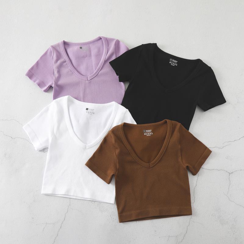 Product Introduction of European and American Yoga Wear Sexy Stretch Yoga Seamless Sports Top Short Sleeve V-Neck Slim Fit Solid Color Ribbed T-Shirt 13