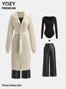 YOZY Women's Belted Cardigan & Square Neck Bodysuit & PU Leather Pants Set, Women's Clothing for Daily Wear
