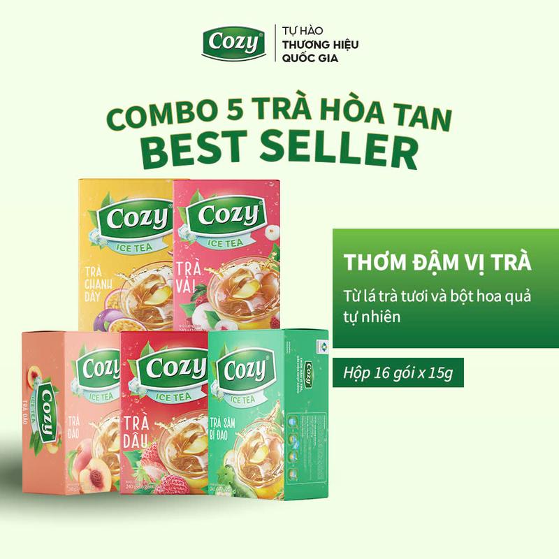 [DEAL ĐỘC QUYỀN] Combo Thanh Mát 5 Trà Hòa Tan Cozy Tea Best Seller (Hộp 16 Gói) Trà Đào, Trà Dâu, Trà Vải, Trà Chanh Dây, Trà Sâm Bí Đao Các Vị Trà Hòa Tan, Ngon Rõ Vị, Vị Rõ Ngon, Chua Ngọt Dễ Uống, Nước Trà Thơm, Chè Sạch Tươi Nguyên Chất