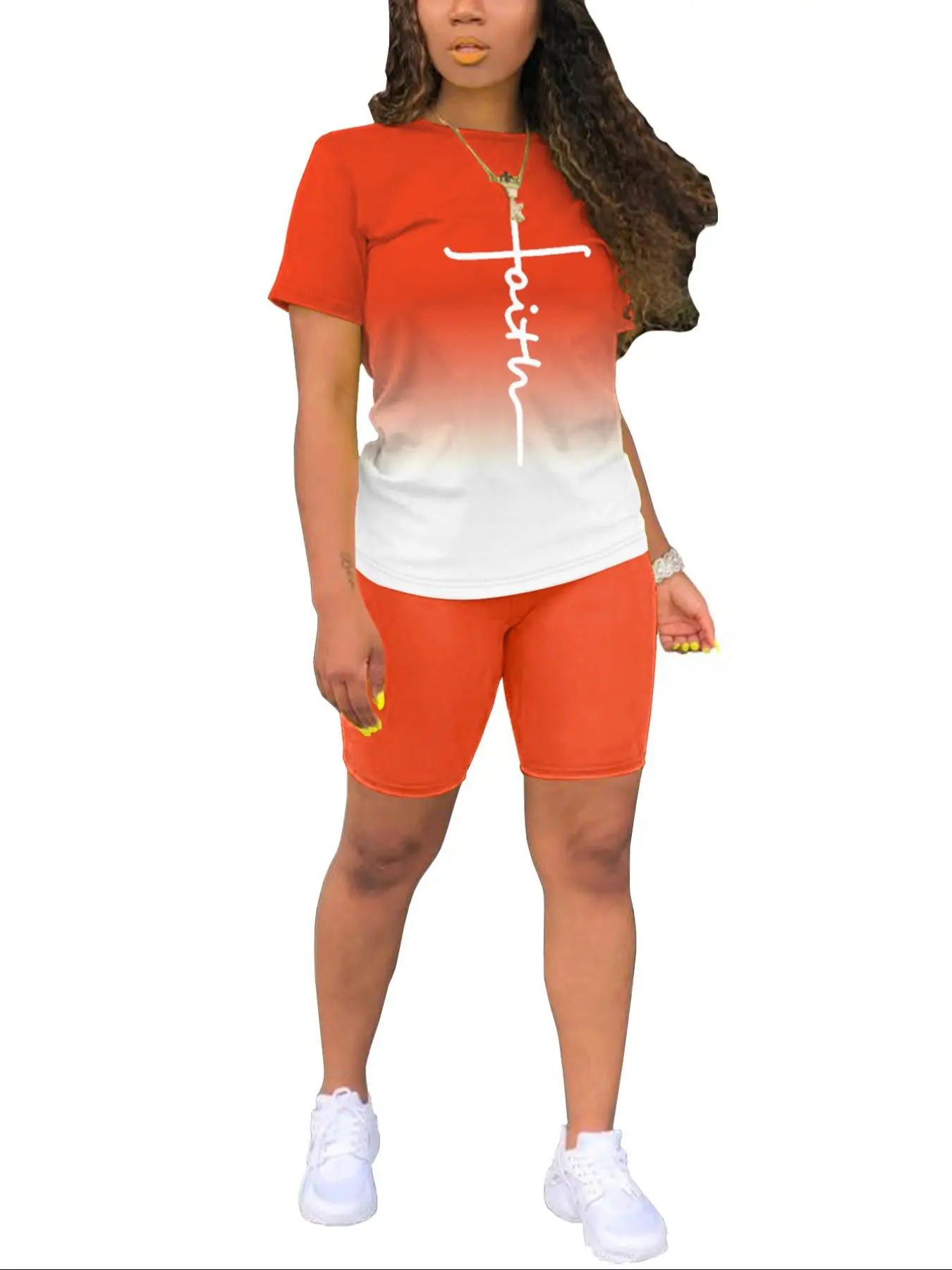 Women's Ombre Print Tee & Shorts Two-piece Set, Tummy Flattering Casual Round Neck Short Sleeve T-shirt & Skinny Shorts, Ladies Summer Clothes