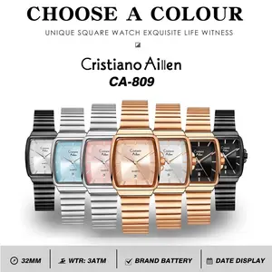 Cristiano Aillen Jam Tangan Wanita CA 809 ST Rantai Stainless Steel Water Resistant 3 ATM Gaya Casual Fashion Dial Kotak Kaca Sapphire Glass Garansi 1 Tahun Original
