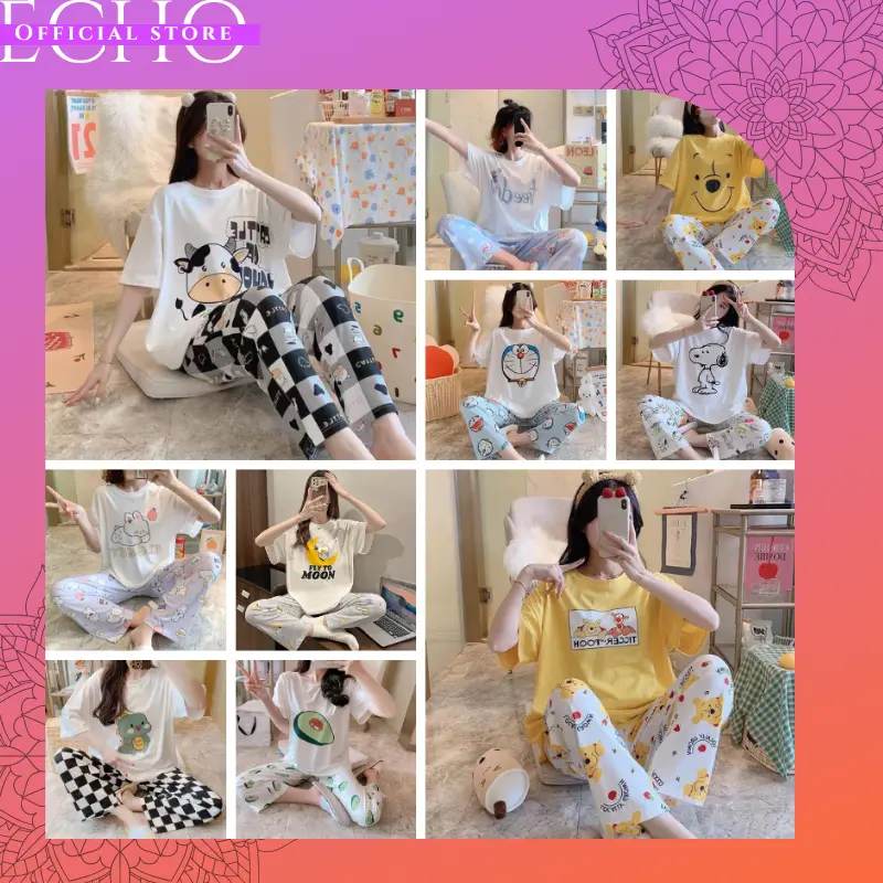 ECHO B15-B16 - PAKAIAN WANITA BAJU TIDUR WANITA PIYAMA SET LENGAN PENDEK CELANA PANJANG MOTIF KARTUN LUCU SETELAN TIDUR PAKAIAN RUMAH WANITA IMPORT