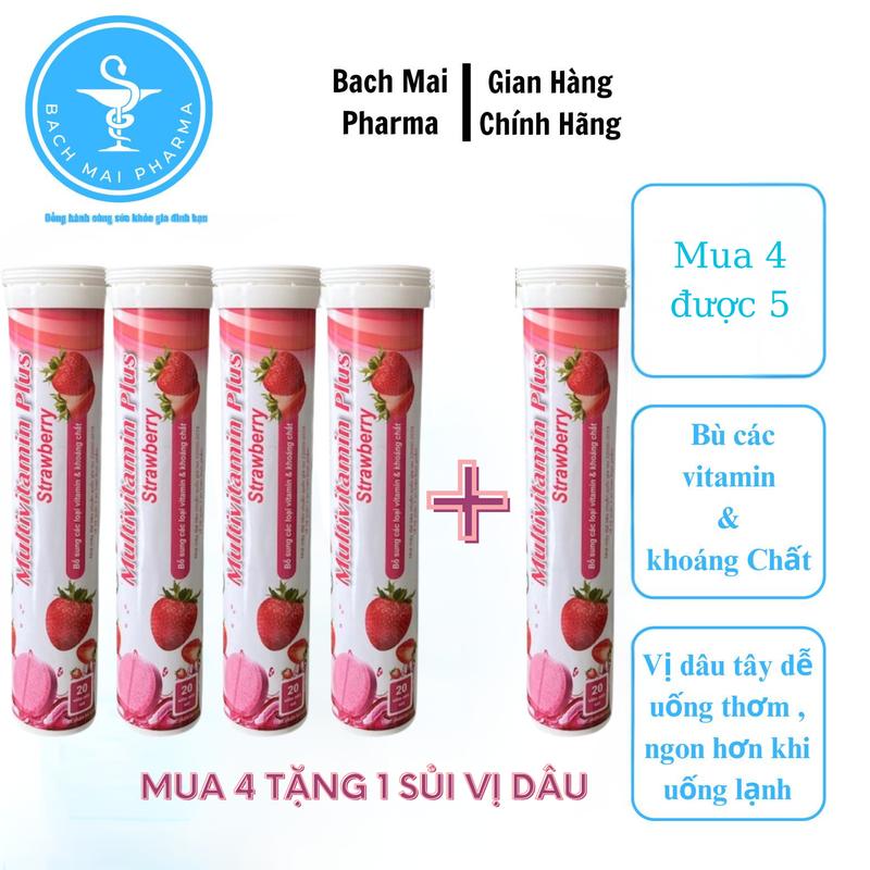  C sủi vị dâu tây - viên sủi Multivitamin Pluss bổ sung các loại vitamin & khoáng  combo 4 lọ thêm 1 