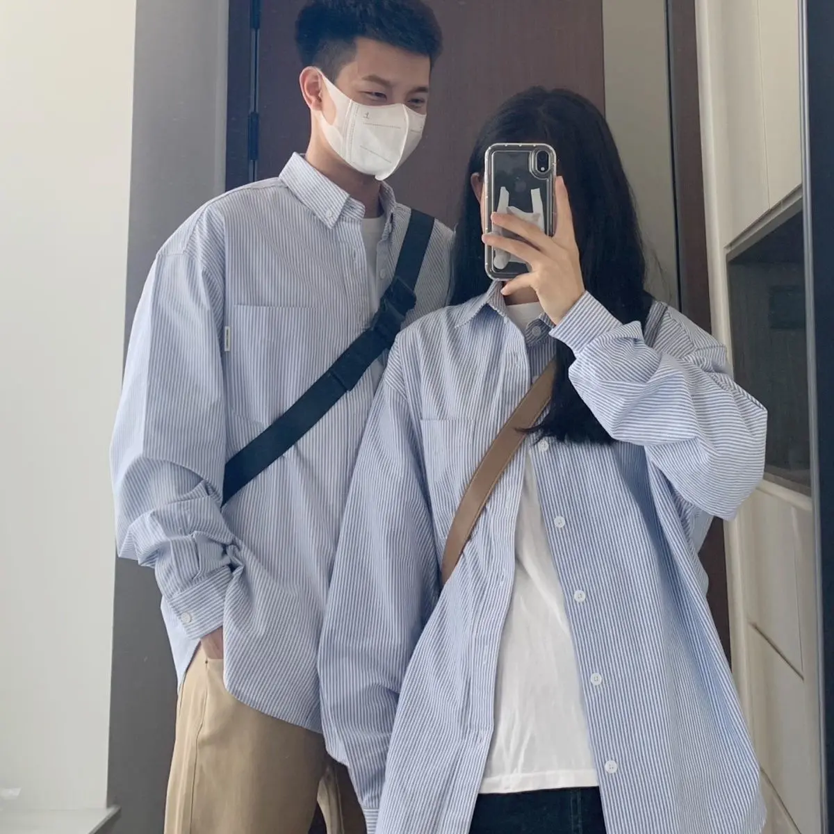 Áo sơ mi dài tay sọc trắng Xanh Biển Nhật Bản dành cho nam giới, chống nắng, phong cách Hồng Kông, rộng rãi, phong cách Hàn Quốc, hợp thời trang, giản dị, trang phục cặp đôi, áo khoác Menswear