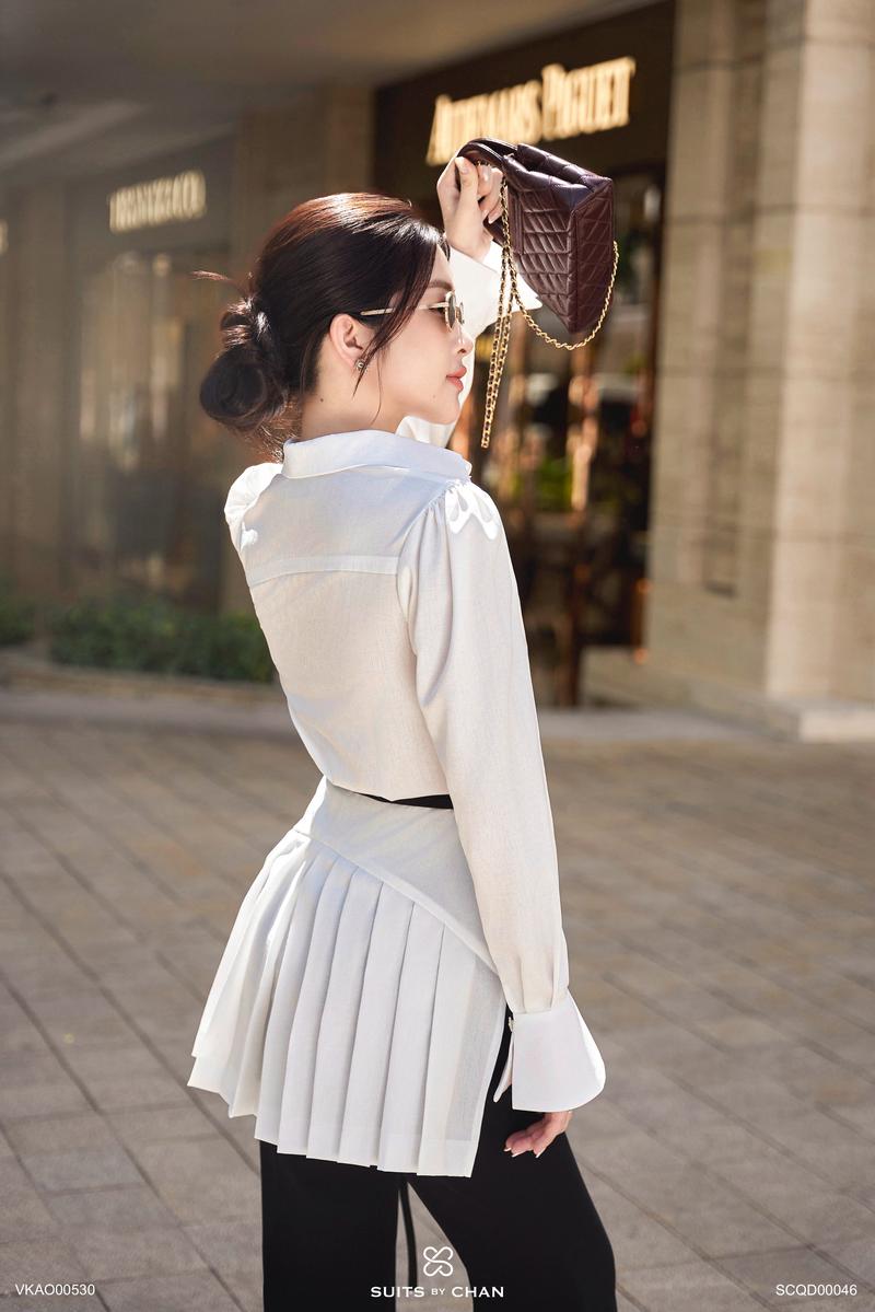 Product Introduction of SUITS BY CHAN - Áo sơ mi kiểu tay dài xếp li tà sau (Ko kèm belt), Quần dài ống loe - VKAO00530 SCQD00046 Nữ Women 17
