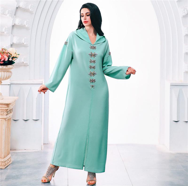Product Introduction of Ba302 Water Green Hand-Stitched Glass Diamond Decorations Hooded Robe Middle East Southeast Asia Women's Robe 6