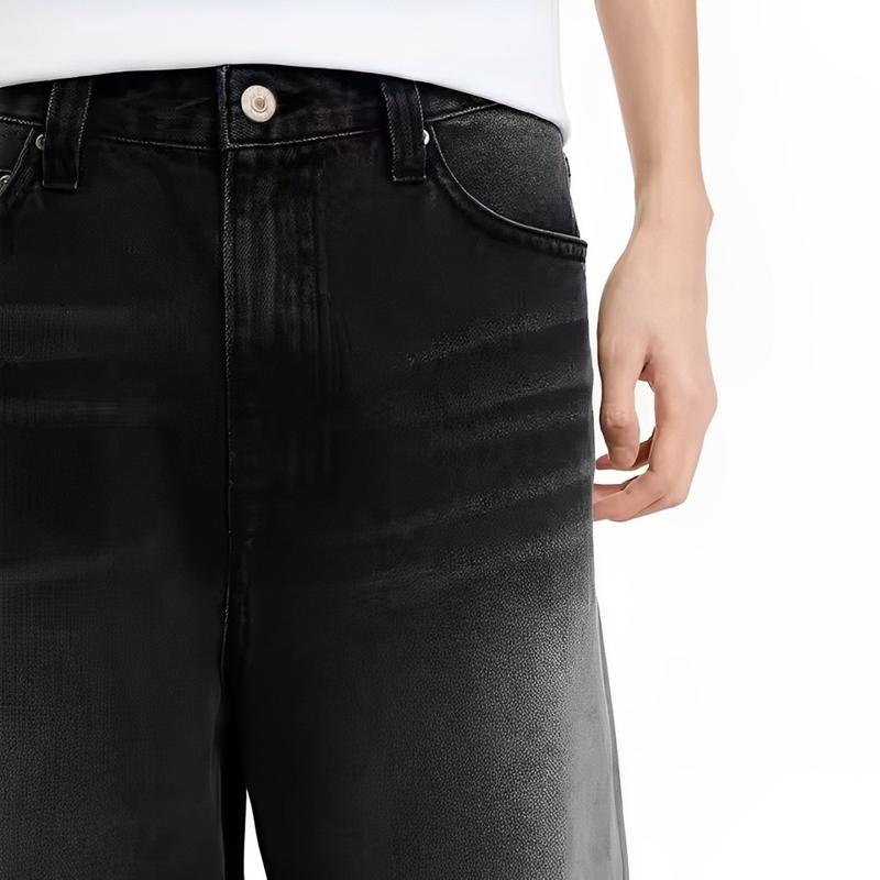 ORLESS - Celana Loose Jeans Black Wisker Style Loose-Fit Wide-Leg Straight-Leg High-Quality Denim Material 1