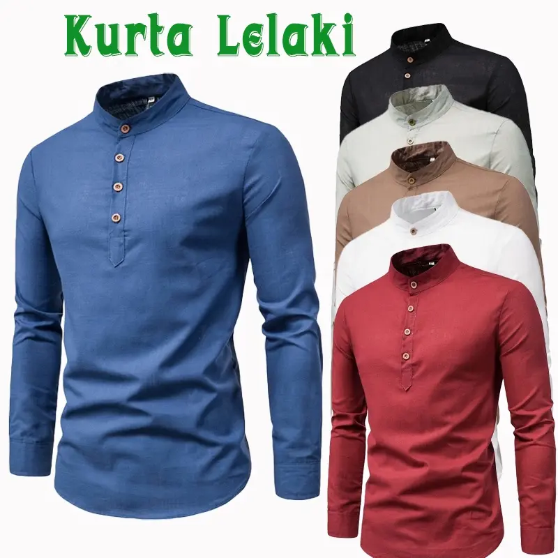 Baju Kemeja Lelaki Baju Kurta, Gaya Raya, Kolar Berdiri, Lengan Panjang, 6 Warna Tersedia, Saiz Besar, Diperbuat daripada Linen, Baju Kurta Lelaki Baju