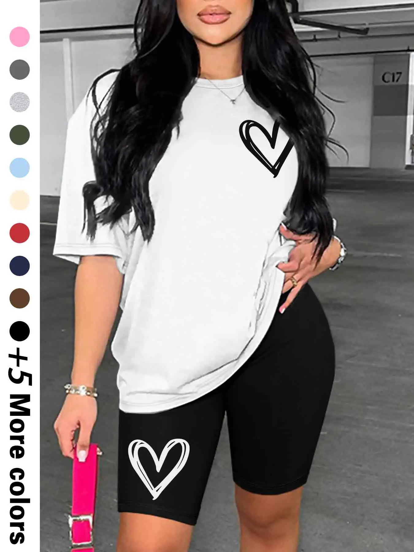 Women's Heart Print Drop Shoulder Tee & Elastic Waist Shorts, Casual Fashion Cozy Half Sleeve T-shirt & Skinny Shorts for Daily Outdoor Wear, Women Clothing for Summer
