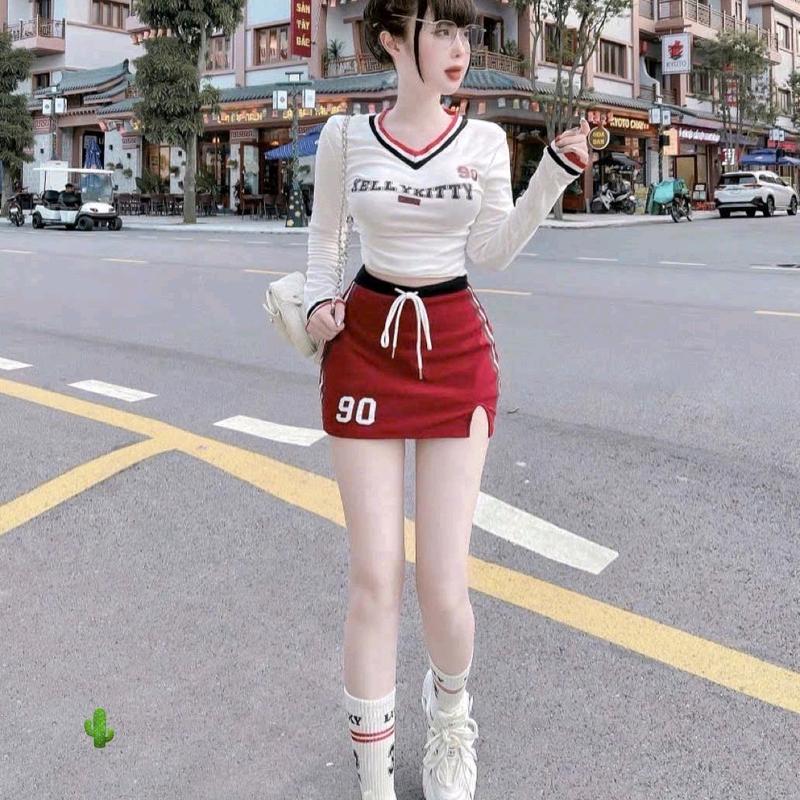 Set Áo Croptop Tay Dài Phối Màu Kèm Chân Váy Chữ A Năng Động Women 2