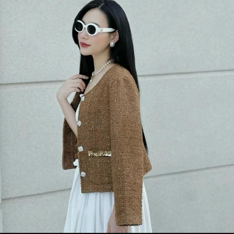 Áo khoác dạ kim tuyến cổ tròn hai túi đính đá pha lê cho nữ - Women Top