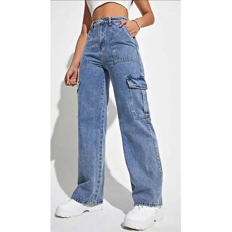 CNW Casual cargo Jeans Multi Pocket High Waist Boyfriend Jeans Unisex Loose Straight Pants Womenswear Bottom Trouser Women Denim Lady Basic Minimalist Streetwear Comfort Suits Style Lingerie