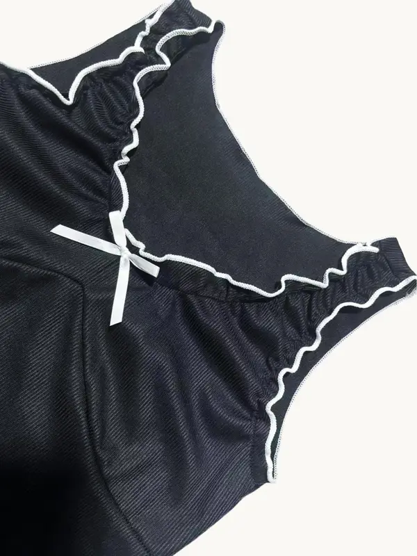 Women's Plain Bow Decor Lettuce Trim Cami Nightdress, Casual Soft Comfortable Nightgown for Summer, Ladies Sleepwear for Indoor Wear 7