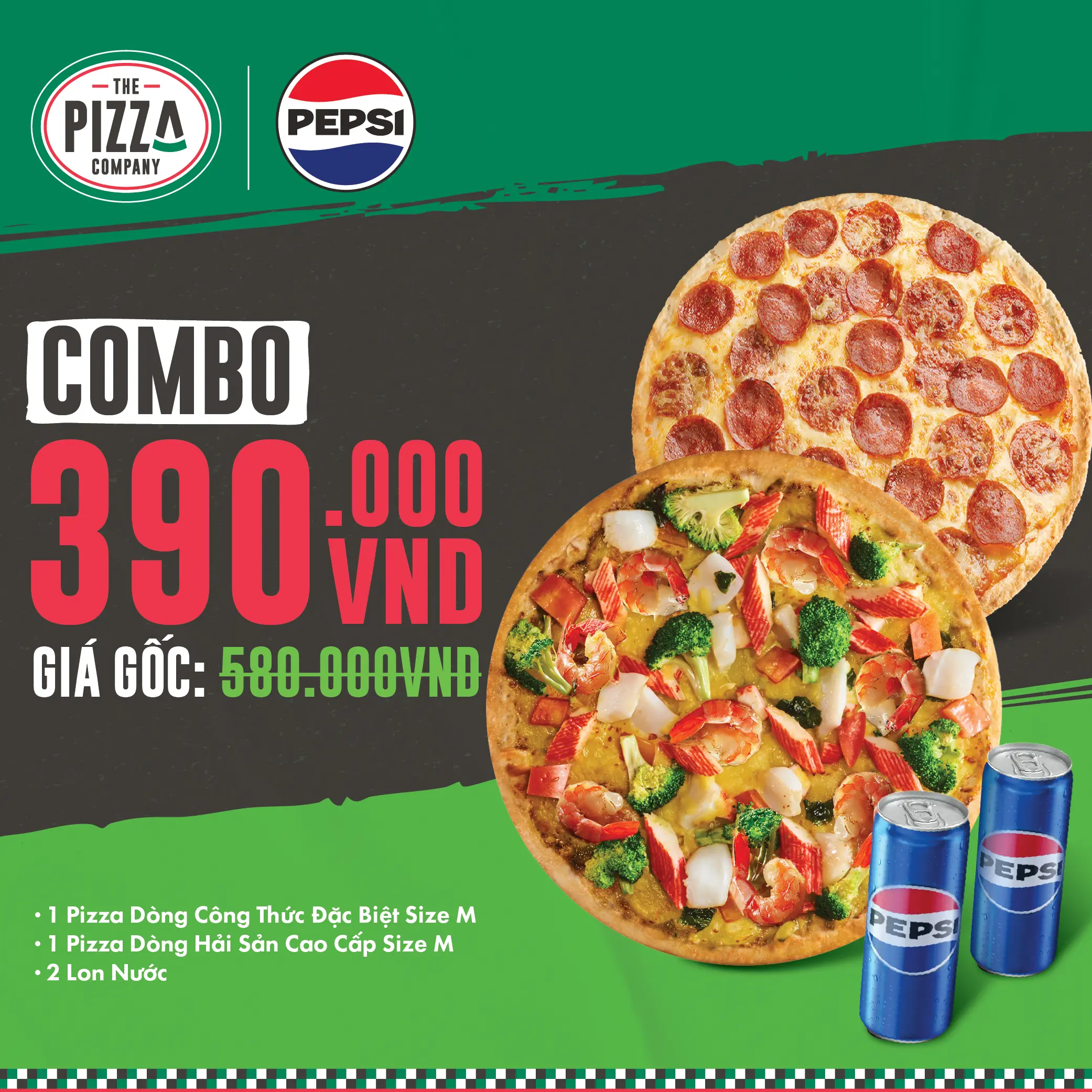 Combo 2 Pizza M - Hải Sản Pesto Xanh & Truyền Thống - (3-4 người) - 1 Pizza Hải Sản Pesto Xanh size M + 1 Pizza Dòng Truyền Thống size M +2 Lon Pepsi - The Pizza Company - (Giao nhanh 1H)