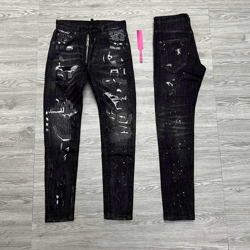 QUẦN JEAN NAM MÃ D2-45 ĐEN XÁM KHOÁ LỆCH RÁCH VẨY SƠN CÓ VÁ 4 CÚC , BÒ DÀI CAO CẤP , CO DÃN , PHOM ÔM CHÂN D-S-Q ,  Có Túi