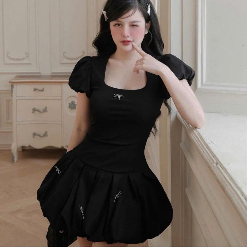 Váy cổ vuông chất thun zip phối thân dưới dáng bí, đính nơ trang trí - Đi chơi dạo phố siêu xinh 4
