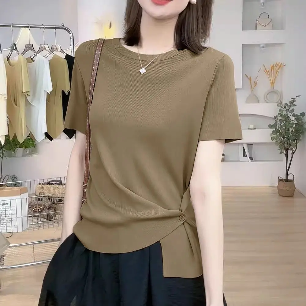 Áo Thun Amoi, Chất Liệu Lụa Lạnh Thoáng Khí, Thiết Kế Mỏng Và Đơn Giản, ngắn Tay, Dễ Phối Đồ Dáng Rộng Vừa Vặn, Cổ Tròn, Bất Đối Xứng Và Mỏng, Màu Trơn Dành Cho Nữ Top Women Tua Rua