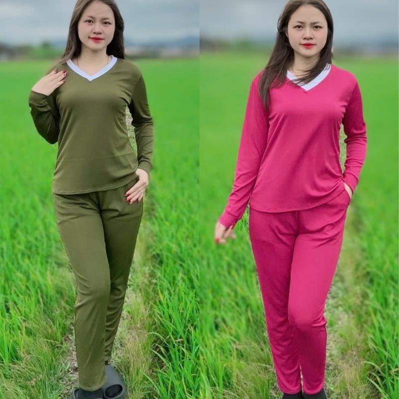 Đồ Bộ Cổ Tim Dài Phối Cổ Mặc Nhà Chất Thun Tăm Lạnh Trẻ Trung Dành Cho Nữ Áo 0