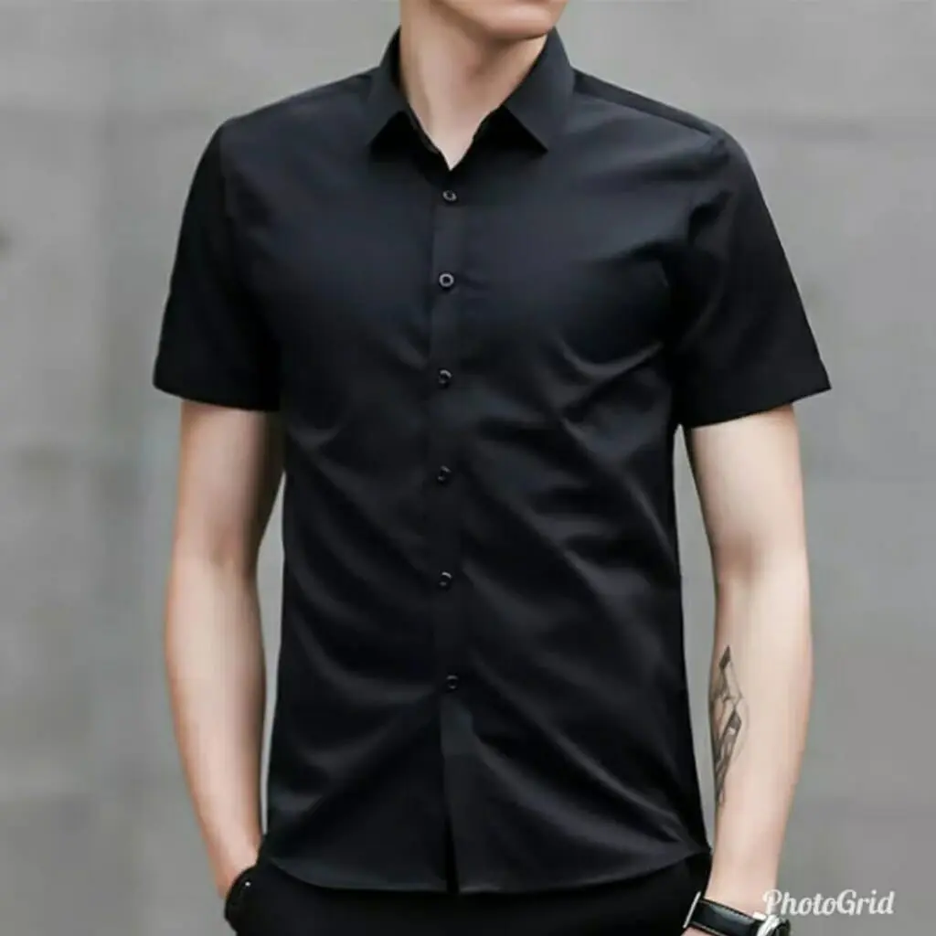 KEMEJA PENDEK COWOK KEREN PRIA DEWASA POLOS PREMIUM bahan katun Slim-fitting Hitam Santai kerja Baju Kerah Nyaman Maroon Navy Panjang Casual  Hem Formal cuci kering size- (m)      [bb 50kg] Pesta Kancing kemeja  pria