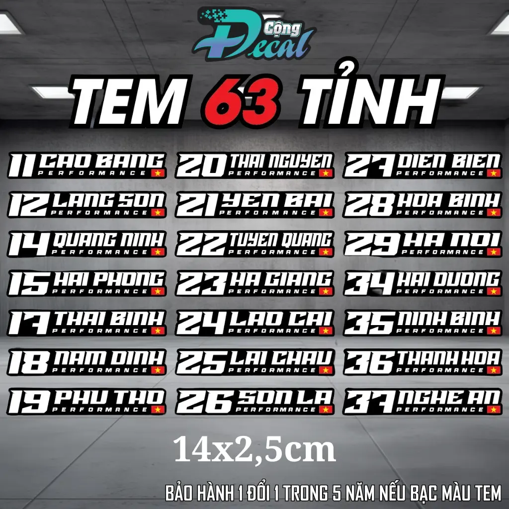 Tem Dán Xe Performance 63 Tỉnh Thành, Tem Tỉnh Thành Việt Nam, Liệu Decal Cao Cấp, Chống Nước - Cộng Decal Sticker