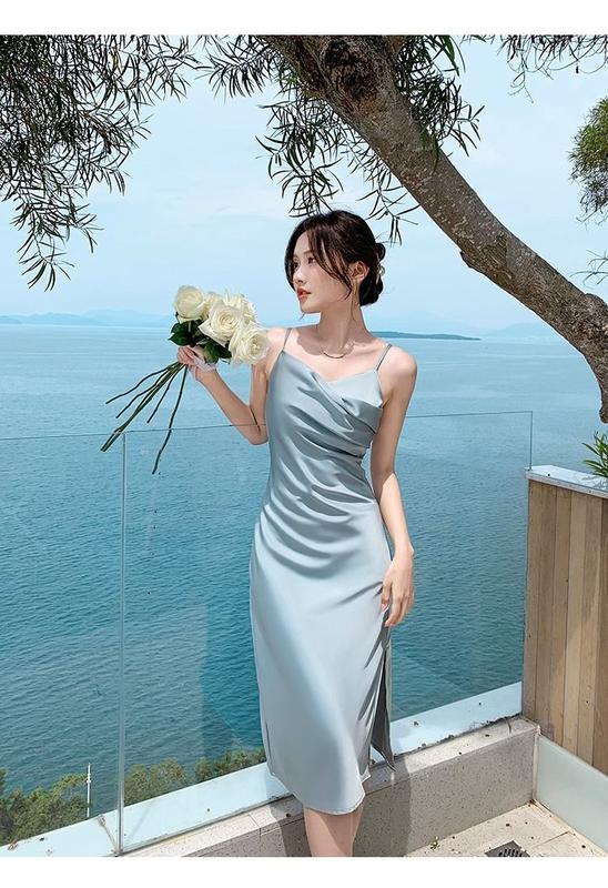 Product Introduction of D2829-French blue suspender dress, women's summer satin texture, high-end feeling, slim fit temperament, design sense, unique dress 13