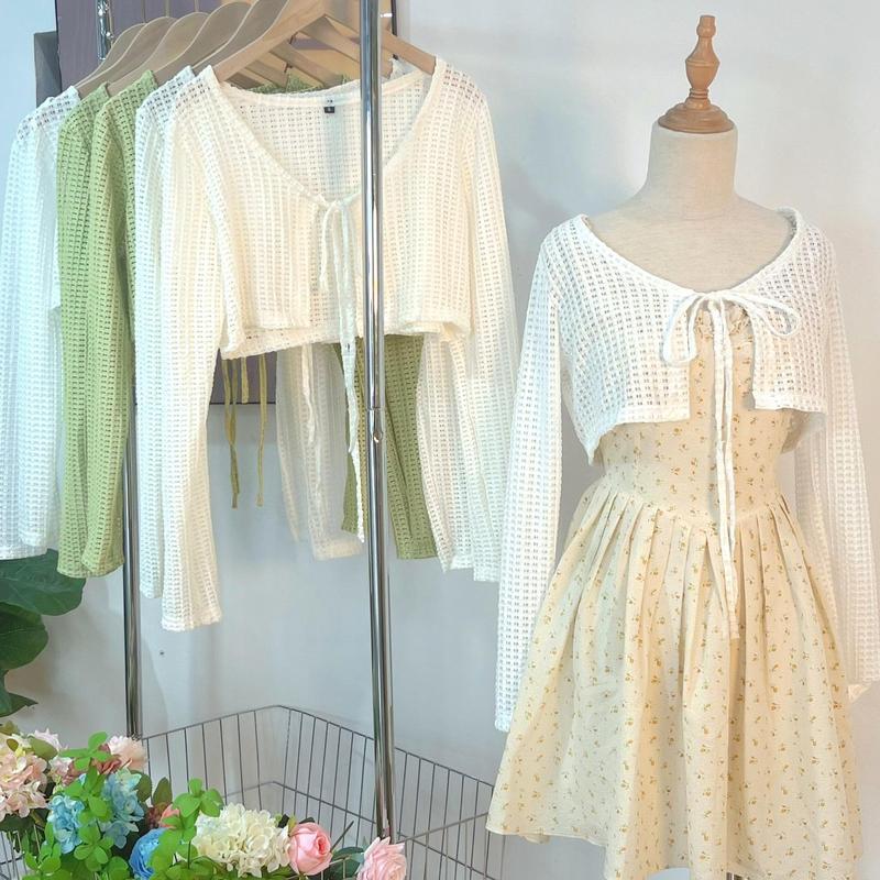  Áo cardigan lưới dáng lửng buộc dây Top Nữ  Women Trắng Ren Bo Chun 