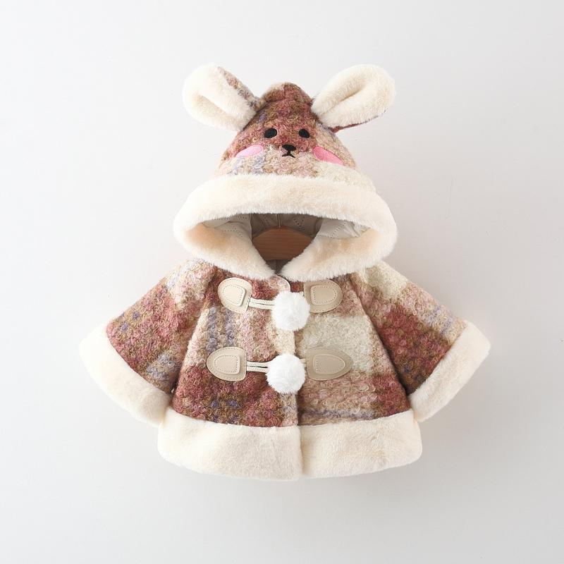 AK1534- Áo Khoác Chất Liệu Dạ Kẻ Nâu Lông Kem Mũ Tai Thỏ Cho Bé Trai Và Gái Size 7-15kg