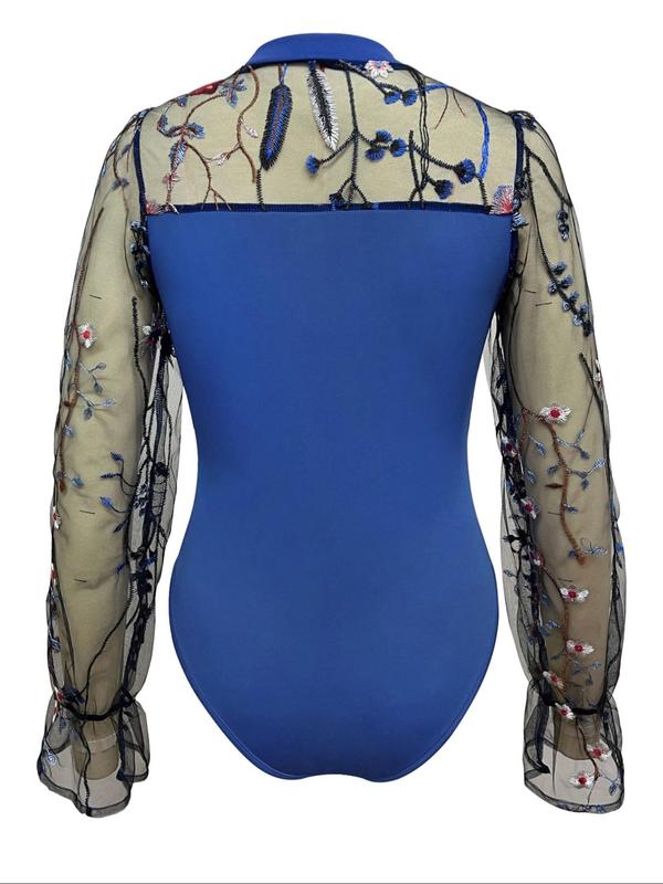 Women's Floral Embroidery Sheer Contrast Mesh Flounce Sleeve Bodysuit, Elegant Mock Neck Long Sleeve Bodycon One Piece Bodysuit For Vacation Holiday, Ladies Spring & Fall Clothes 3