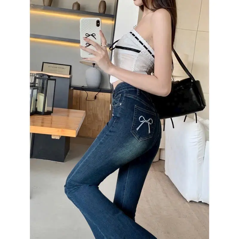 Quần jeans ống loe túi sau thêu hoạ tiết nơ lưng cao co dãn phong cách hàn quốc 4